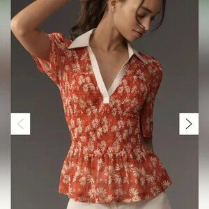 Maeve Anthropologie Floral Short-Sleeve Smocked Polo Top